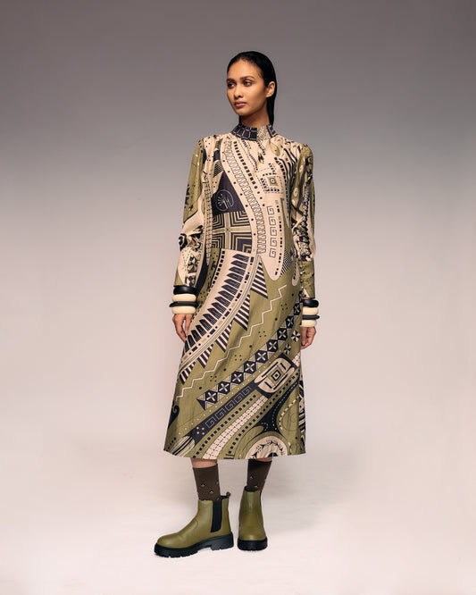 Olive Print Silk Midi Dress