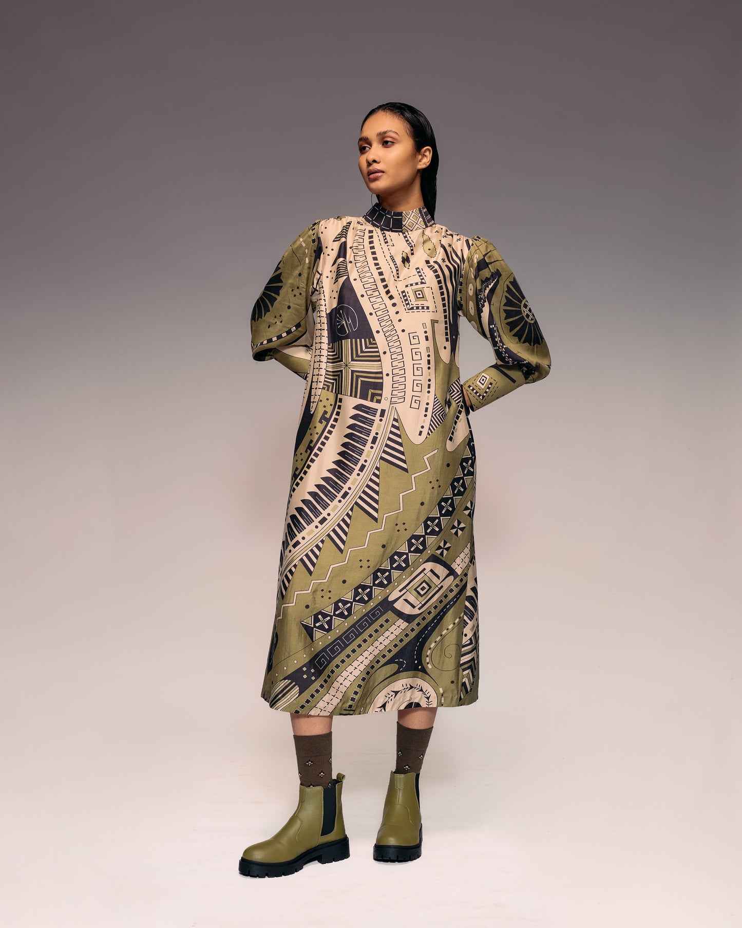 Olive Print Silk Midi Dress
