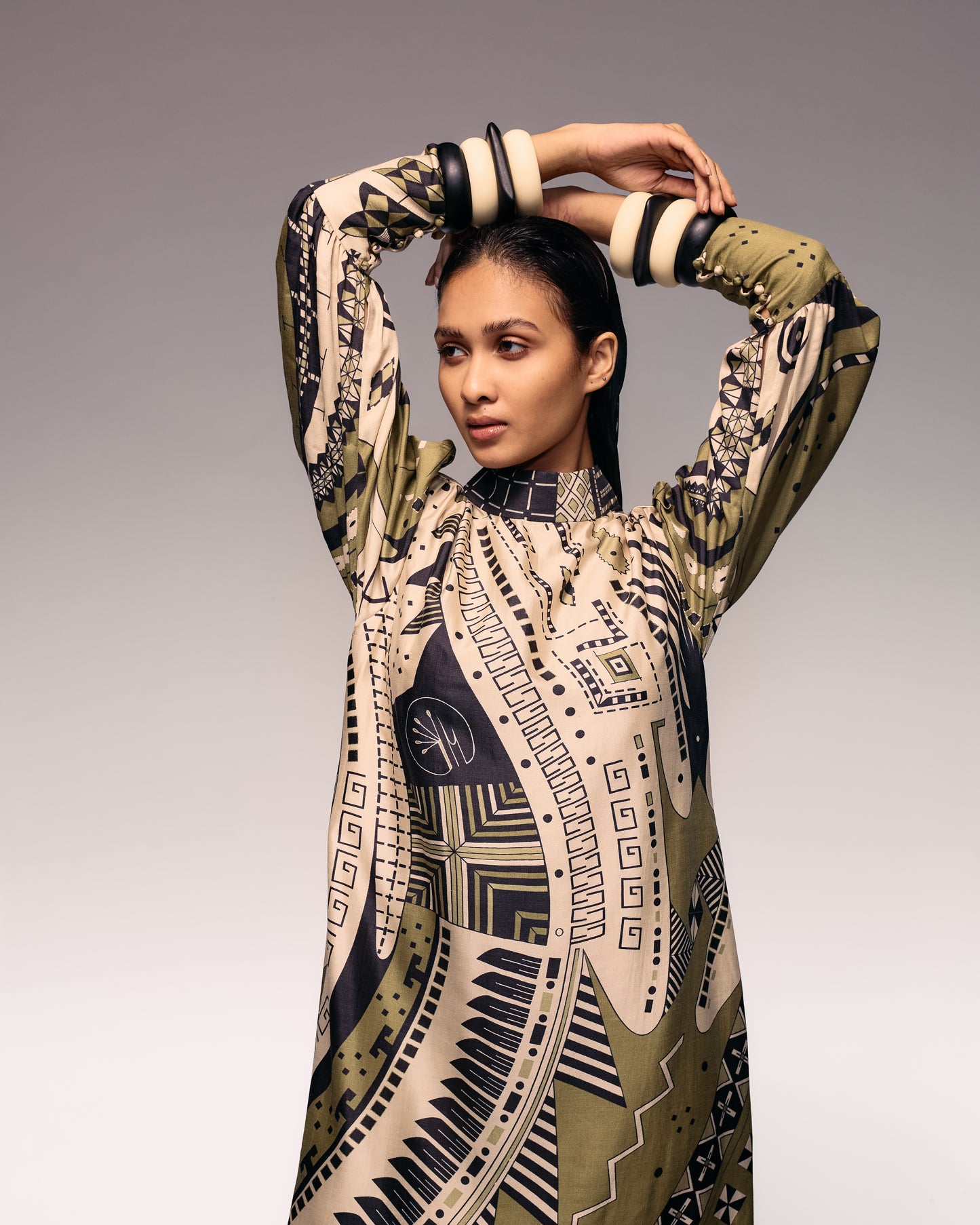 Olive Print Silk Midi Dress