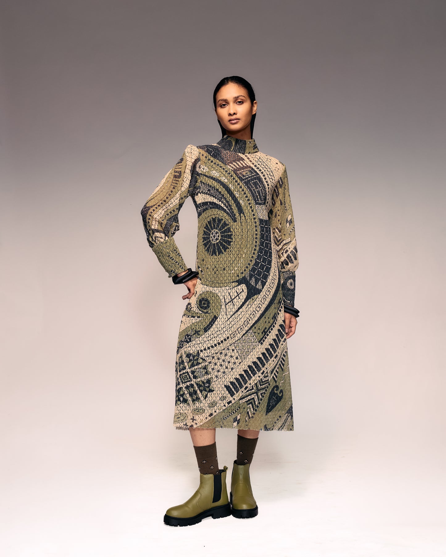 Olive Print Cotton Net Midi Dress