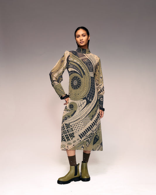 Olive Print Cotton Net Midi Dress