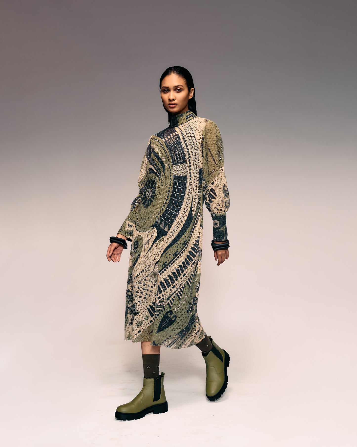 Olive Print Cotton Net Midi Dress