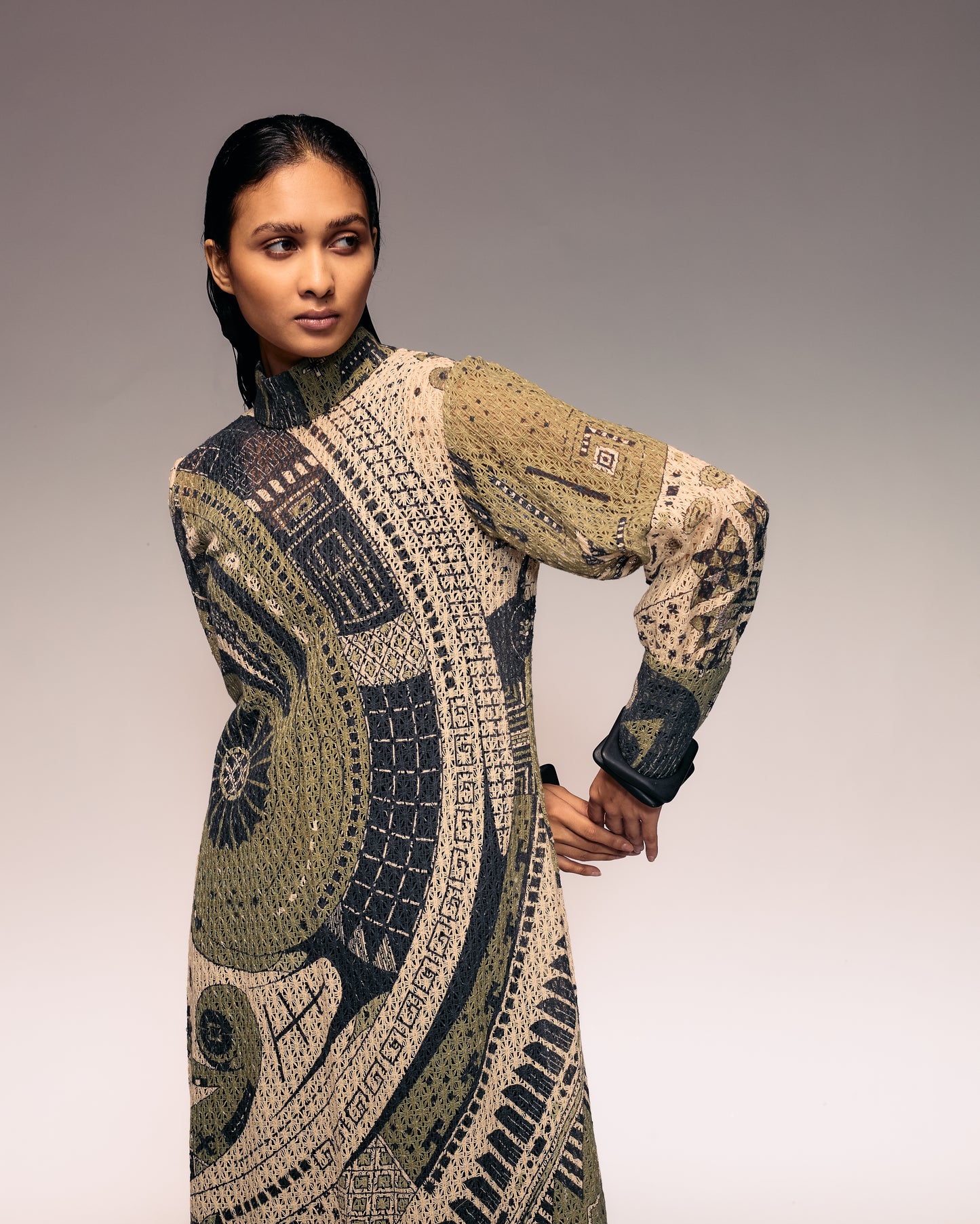 Olive Print Cotton Net Midi Dress