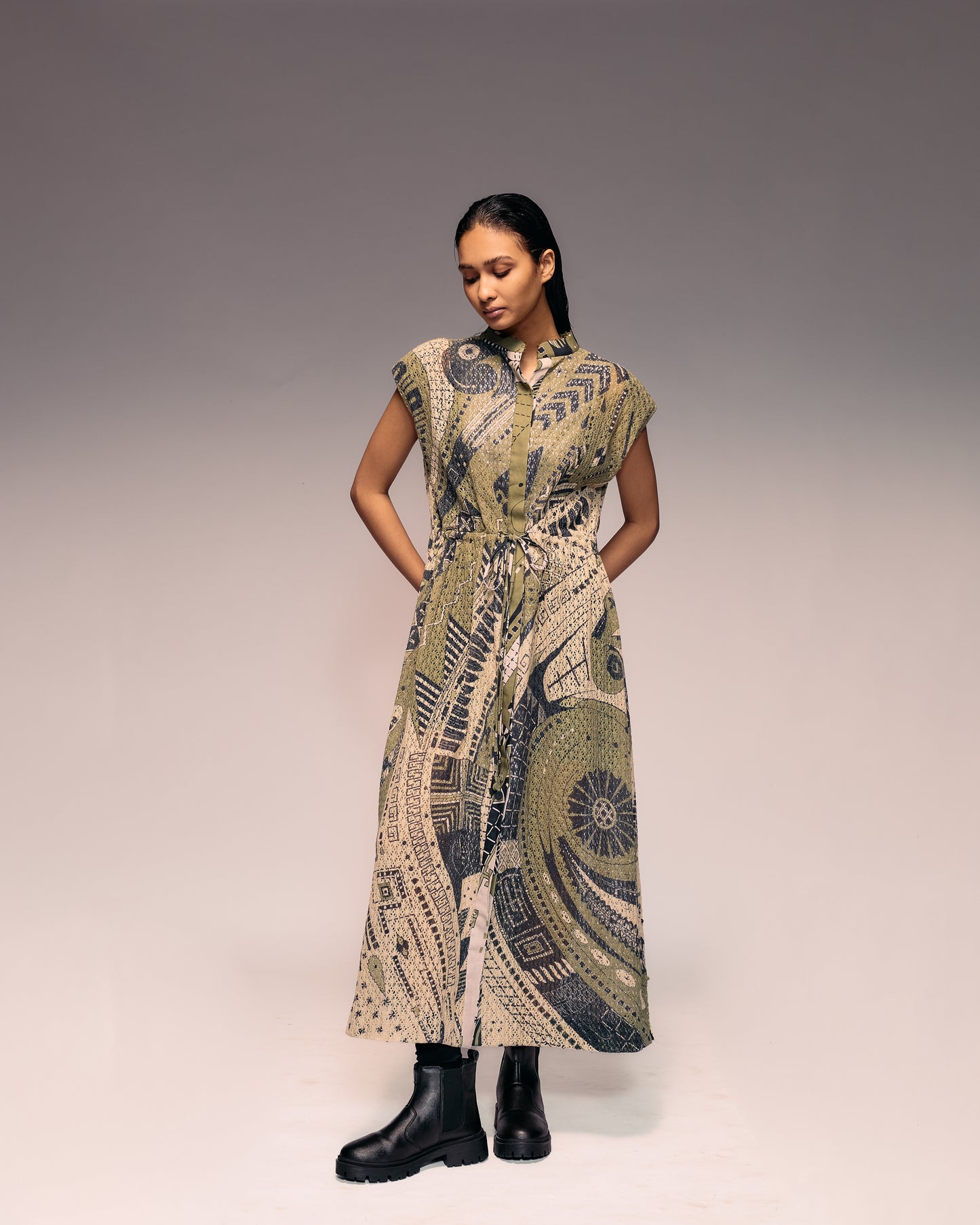 Olive Print Cotton Net Drawstring Dress