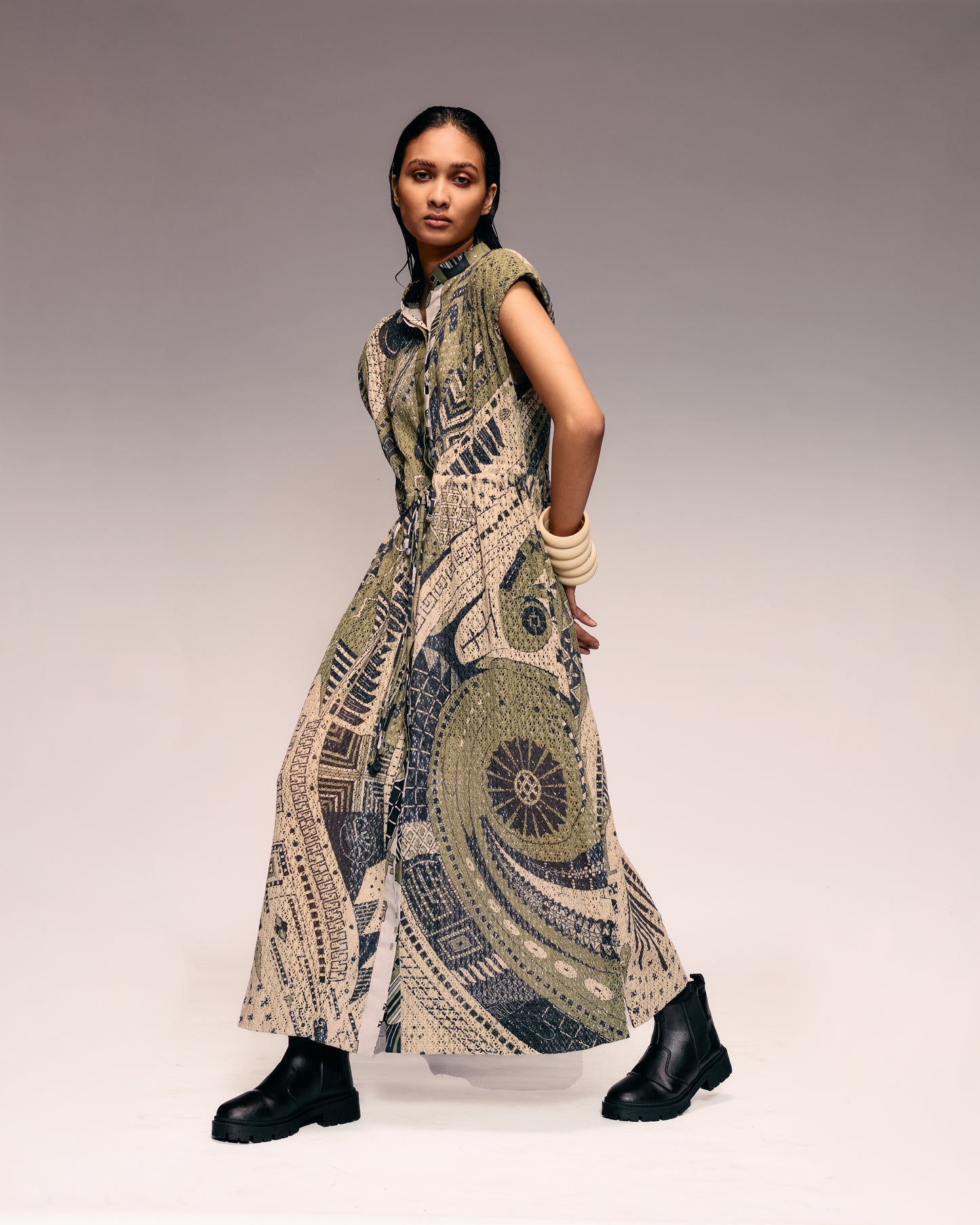 Olive Print Cotton Net Drawstring Dress