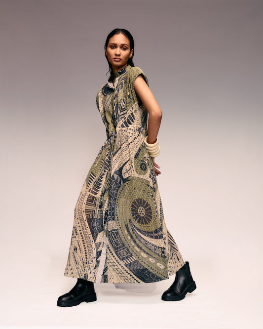 Olive Print Cotton Net Drawstring Dress