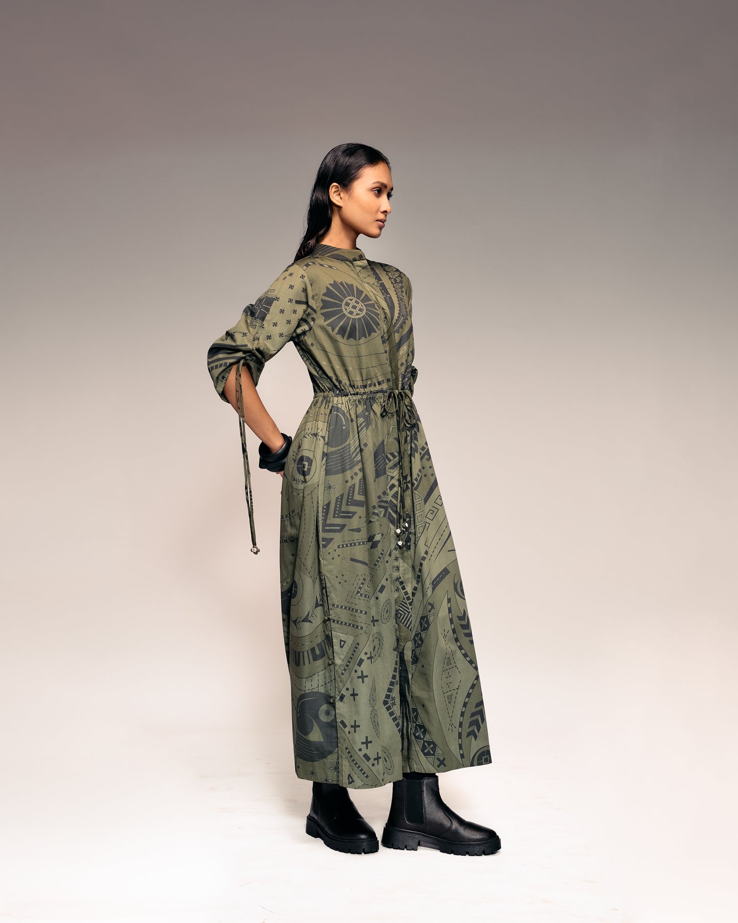 Olive Print Drawstring Dress