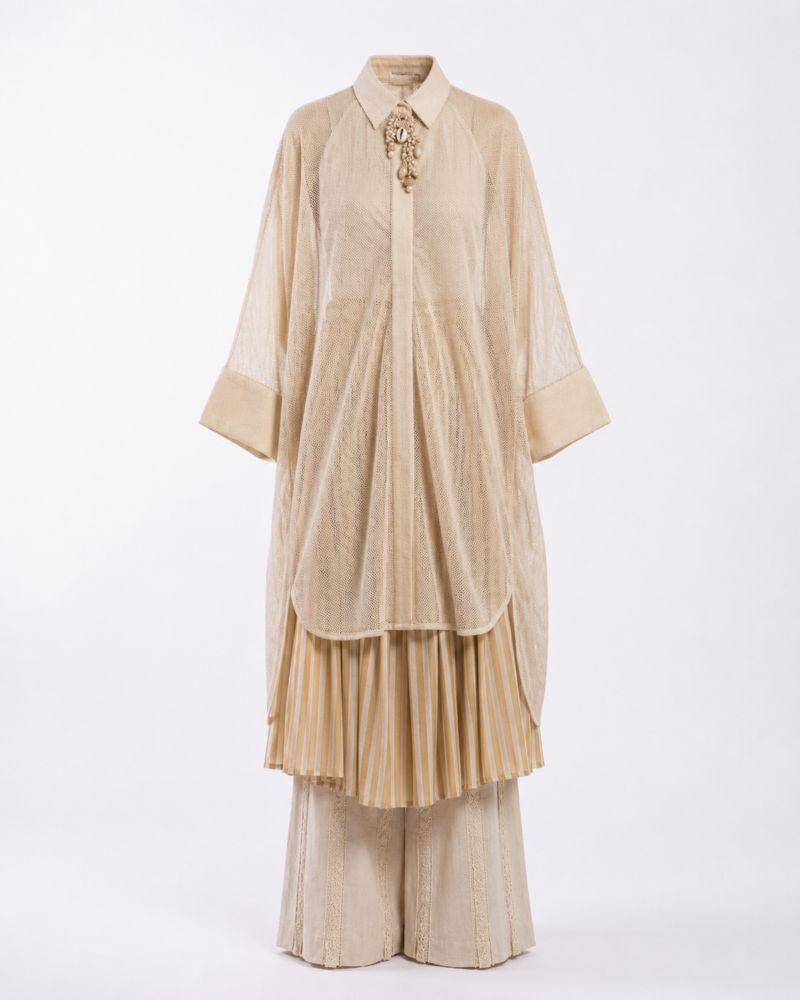 Ivory Open-Mesh Shirt Dress